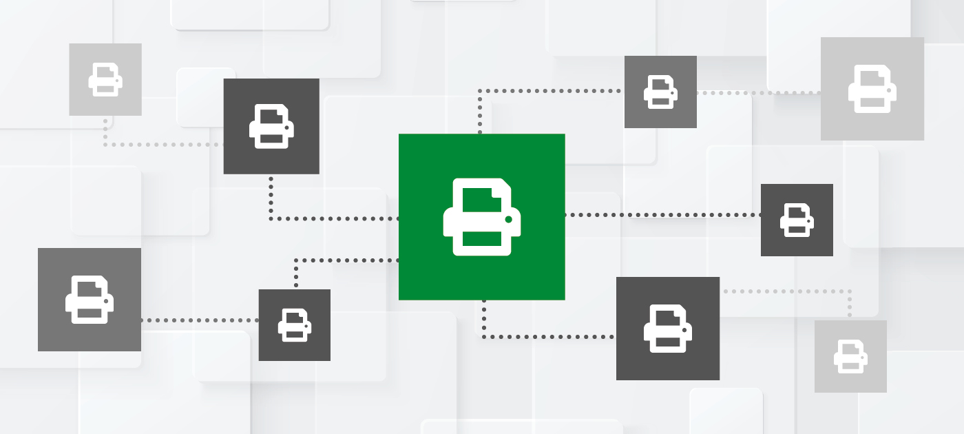 Multiple images of printer icons on grey background with a green background at the centre